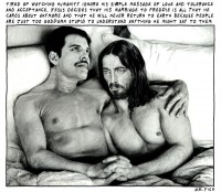 Cartunista publica desenho de Jesus em relação homossexual com Freddie Mercury