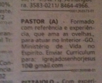 Igreja evangélica faz anúncio em classificados para contratar pastor