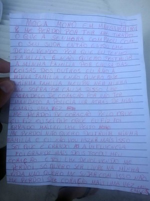 Carta escrita pelo ladrão pedindo perdão