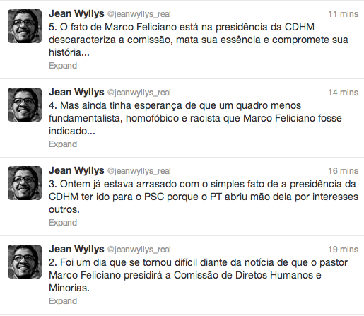 Comentários do deputado Jean Wyllys no Twitter. (Leia de baixo para cima)