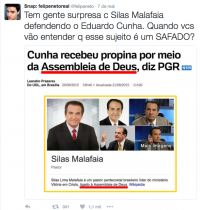 Twitt de Felipe Neto insinuando que Silas Malafaia estaria envolvido com Eduardo Cunha na Lava Jato
