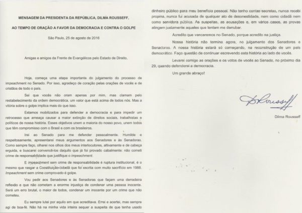 carta dilma impeachment oracao golpe