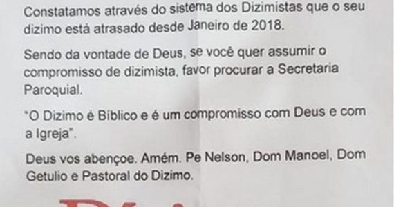 Fiel da Igreja Católica recebe carta com cobrança do dízimo "atrasado"