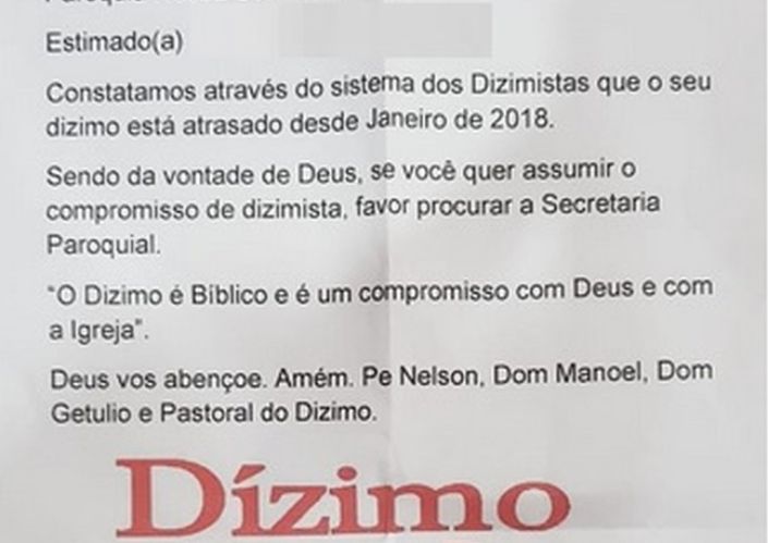 Fiel da Igreja Católica recebe carta com cobrança do 