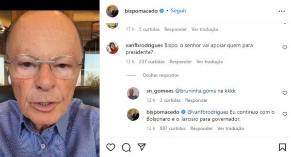 Bispo Macedo declara voto em Bolsonaro e manifesta apoio a Tarcísio em SP