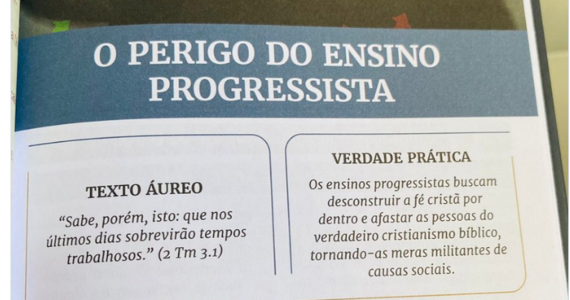 Lição bíblica sobre 'o perigo do ensino progressista' é atacada